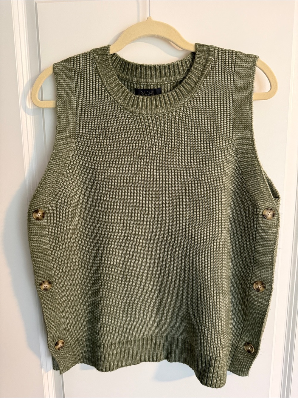 Trendy olive green sleeveless knit vest with side buttons